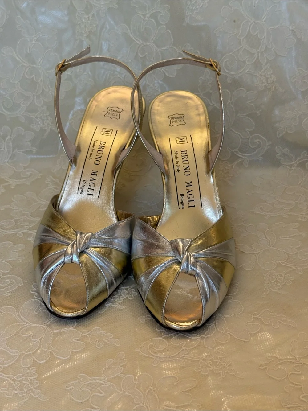 Bruno Magli Metallic Silver and Gold Knot Peep-Toe Slingback Vintage Heels
